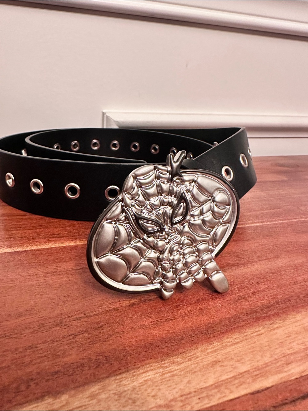 Black Grommet Belt with Silver Spiderman Buckle NWOT